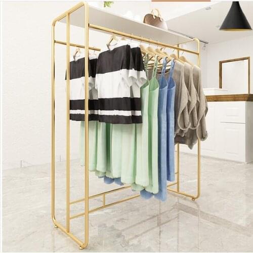 Double row middle island display rack clothes display rack gold hanging rack solid wood floor type clothes rack