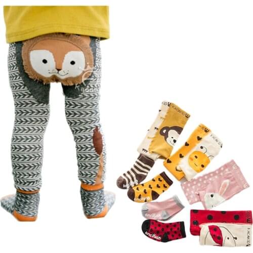 Baby Boy Girl Cartoon PP Pants With Sox Infant Toddler Animal Cotton Elastic Panti Hose Skinny Pants Kids Tights Spring