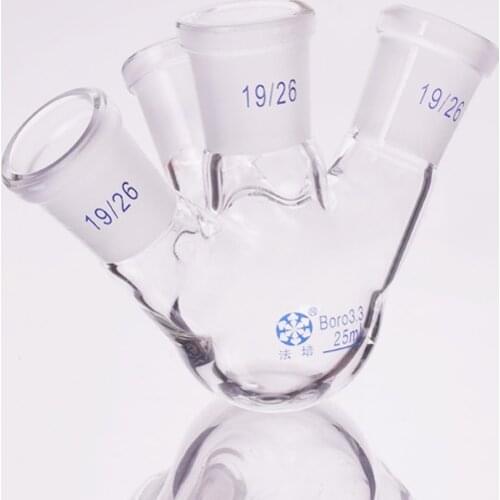 Four-necked flask oblique shape,with four necks standard grinding mouth,Capacity 25ml,Four ground mouth 19/26