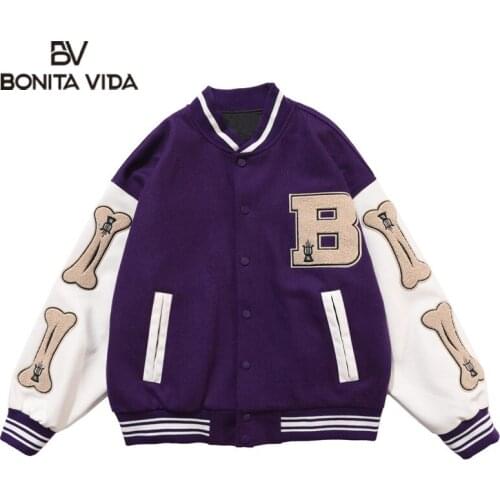 Bonita Vida Hip Hop Streetwear Baseball Jacket Coat Letter Embroidery Stand Up Collar Japanese Bomber College Jacket