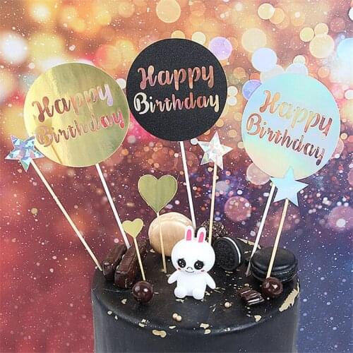 Biling Gold Silver Black Laser Star "Happy Birthday" Cake Topper Dessert Decoration for Birthday Party Lovely Gifts