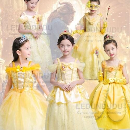 Hot Beauty and the Beast Cosplay Costume Girls Gorgeous Princess Dress Children Fancy Halloween Clothes Belle Princess Dress