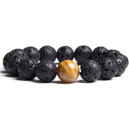 Men Natural big black 12mm Lava tiger eye stone beads ball bracelet for male men homme friendship energy bracelet wholesale gift