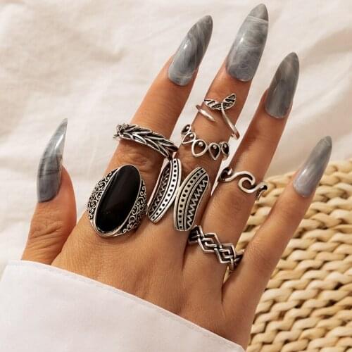 Tocona 7pcs/sets Bohemian Wave Leaf Joint Ring Sets for Women Black Dripping Oil Geometric Wedding Jewelry Wholesale 16910