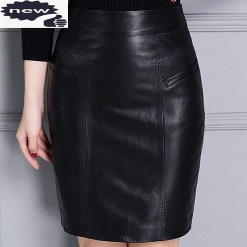 New Fashion Office Lady Slim Fit Pockets Zipper Women Genuine Leather Sheepskin Skirts Female Knee Length Falda Plus Size