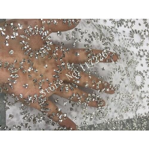 New design african tulle mesh fabric with glitter sparkly glued glitter sequins lace fabric in silver color