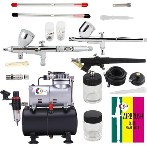 OPHIR 3-Airbrushes Dual Action& Single Action Airbrush Compressor with Air Tank for Nail Art Body Paint Model_AC090+004A+071+070