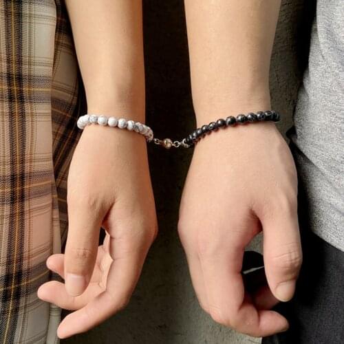6MM Natural Stone Beads 2pcs/Set Couple Bracelets For Women Men Lover Attractive Distance Magnetic Buckle Fashion Jewelry Gift