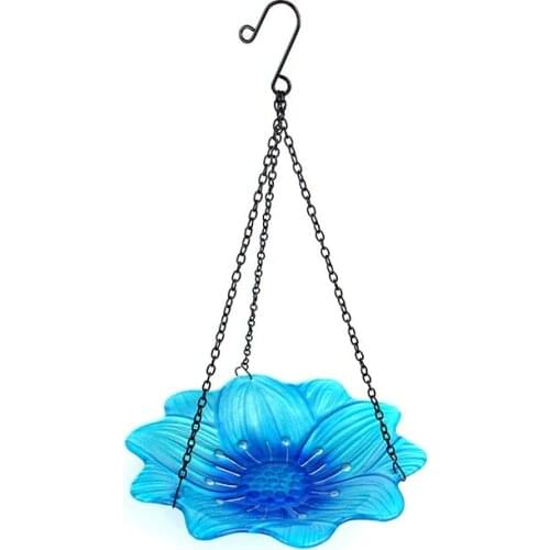 Hanging Bird Bath Blue Flower Glass Bowl Feeder for Garden Decoration Outdoor Yard and Patio and Bathroom Accessories for Bird