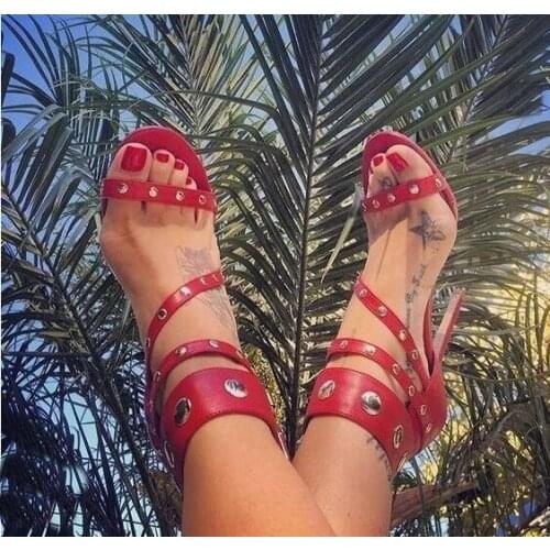 Drop Shipping Woman Sexy Red Leather Rivets Cross Cuts Out Sandals Female Open Toe Stiletto Heels Bride Party Dress Shoes Lady