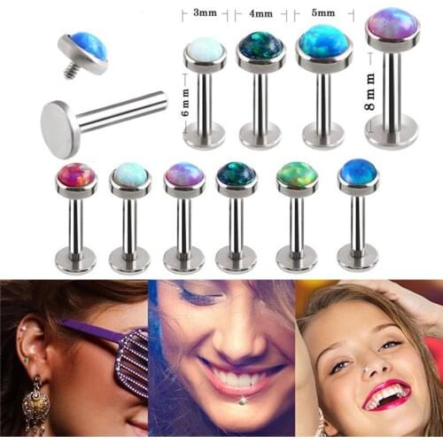 Multicolor Opals Surgical Steel Flat Gem Ear Tragus Helix Piercing Labret Lip Studs Ring Internally Thread Body Jewelry