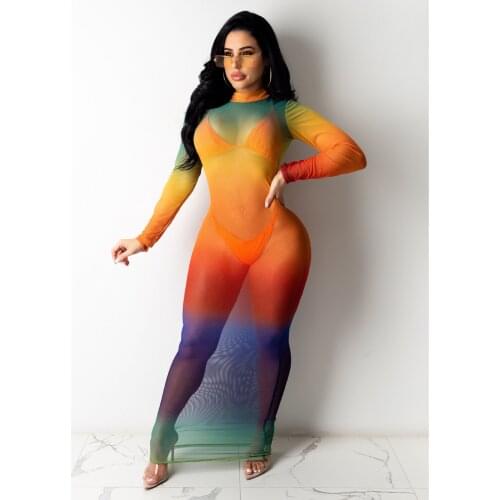 Sexy See Through Mesh Long Dress Women Fashion Print Night Party Dress Club Wear Transparent Gradient Color Maxi Dress