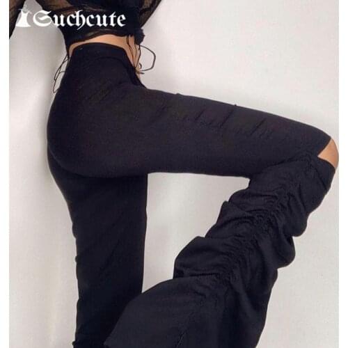SUCHCUTE Gothic Skinny Stacked Sweatpants For Women Summer Streetwear Fashion Cut Out Trousers Harajuku Capris Pants 2021