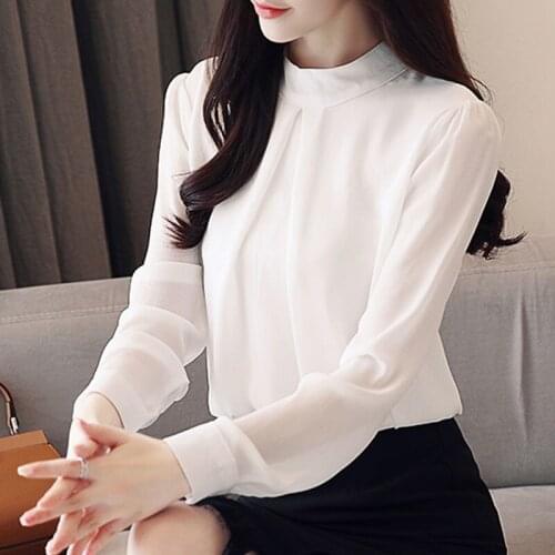 Womens tops and blouses 2020 spring korean fashion clothes chiffon blouse OL Solid Stand white long sleeve blusas black top 0496