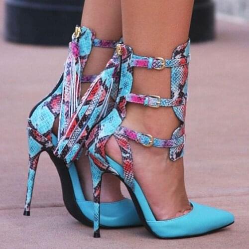 Deification Sexy Zapatos Mujer Tacon Snakeskin Ladies Pumps High Heels Hollow Buckle Strap Womens Shoes Tassel Plus Size Heels