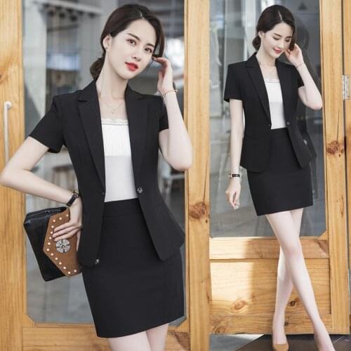 Summer Formal Women Bsiness Suits with Skirt and Jacket Sets Black Blazer Ladies Work Wear Office Uniform Style Short Sleeve
