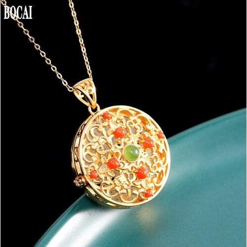 BOCAI new real Fashion s925 pure silver gold-plated jewelry Hetian jade pendant two sides carve carving openable woman pendant