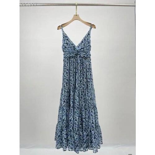 2021 Newest Designer Women Spaghetti Strap V-Neck Sleeveless Runway Holiday Long Dress Summer Ladies Flowers Print Vestidos