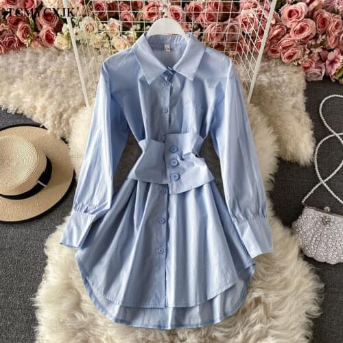 Spring New Style Long Sleeve Shirt Dress Women 2021 Korean Waist Mid-length Light Mature Wind Irregular Vintage Dress Women