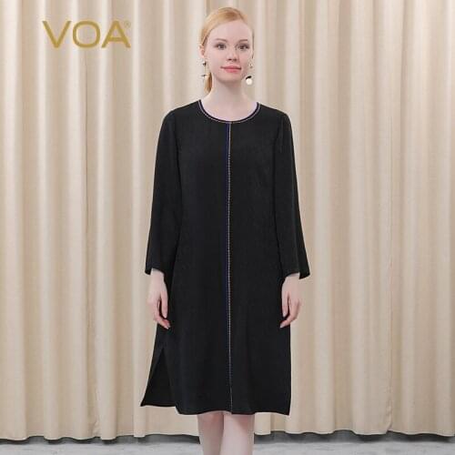 VOA Silk Jacquard 22m/m Black Round Neck Blue Piping Long Sleeve Open Thread Decorative Hem Split Dress AE503 Woman Dress