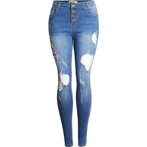 2021 Elastic Slim Middle High Waist Embroidered Perforated Jeans
