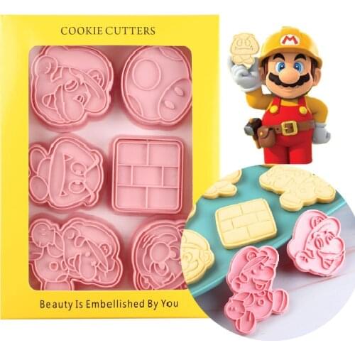 6pcs/sets Super Mario cookie mold 3D cartoon frosting cookie fondant plastic push-type household baking mold Christmas gift