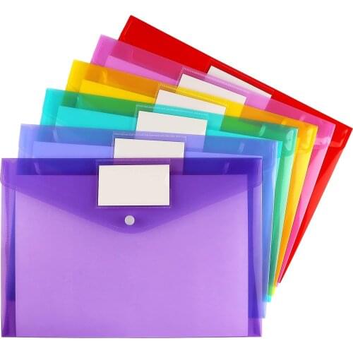 6pcs Clear Document Folders Plastic Envelopes Poly Paper File Protectors with Label Pocket and Snap Button for Home Office