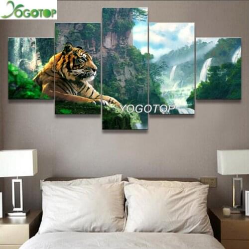 DIY Diamond Painting 5 Panel Tiger And Mountain Waterfall 5D Full Drill mosaic Diamond Embroidery Handcraft Kit Home Art ML1037