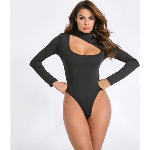 Elegant Turtleneck Hole Bodysuit For Women Long Sleeve Skinny Black Rompers Stretch Leotard Tops 2020 Spring Autumn Trend