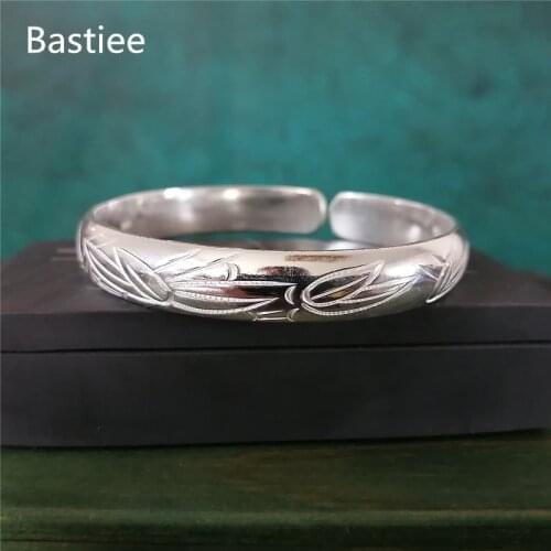 Bastiee 999 Sterling Silver Bamboo Cuff Bracelet For Women Hmong Thick Silver Bangle Adjustable Handmade Luxury Jewelry Gift
