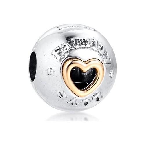 Real 14K Gold Heart Bead 925 Sterling Silver Family & Love Charm Beads for Jewelry Making Fits Original Charms Bracelets kralen
