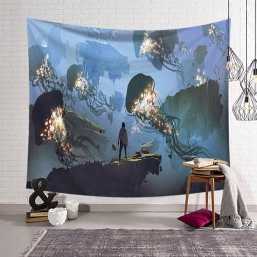 Dreamlike Sea Style Wall Tapestry Beach Towel Moon Jellyfish Pattern Home Decorative Tapete Bedroom Blanket Table Cloth Yoga Mat