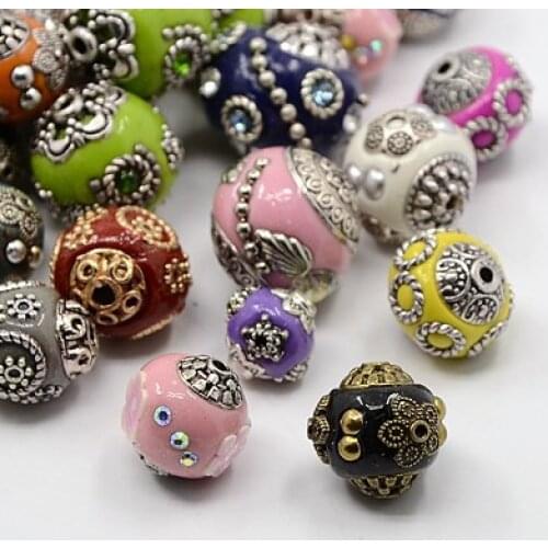 100pcs 11-21mm Handmade Indonesia Beads with Alloy Cores Round Mixed Style Mixed Color DIY Jewelry Making Handicrafts Supplies