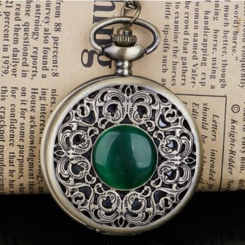 Bronze Hollow Imitation Jade Stone Necklace Pendants Decorated Pocket Watch Emerald Decoration Presents Chain Men Women Gifts