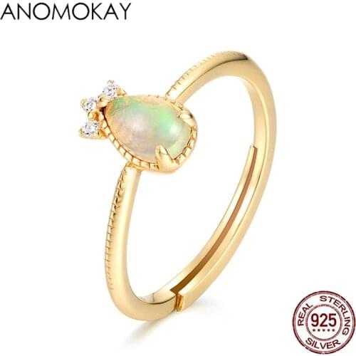 Anomokay Classic Multi-color Water Drop Opal Gold Color Rings for Wife Mom GF Gift 925 Sterling Silver Resizable Rings for Party