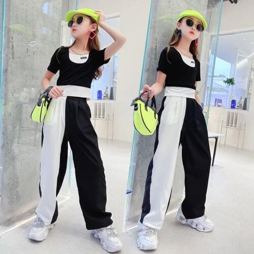 Summer Wear Kids Girls Sets Black White Patchwork 2pcs Suit T-Shirt Loose Long Pants Tracksuit Outfits Cool Childrens Clothes 8Y