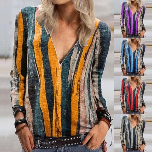JAYCOSIN Fashion Women Colour Stripe Printing T Shirt Sexy V-neck Zipper Long Sleeves T-Shirt Streetwear Tee Casual Loose Tops