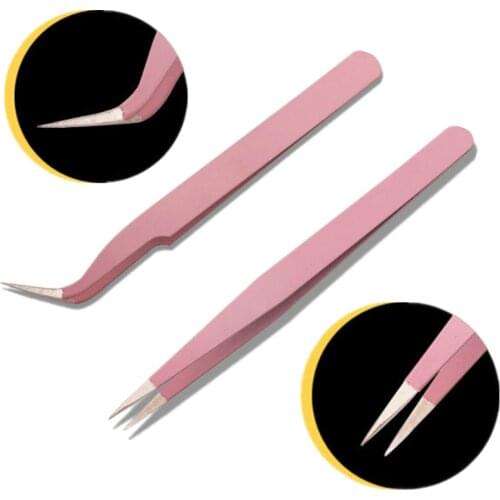 New Eyelash Extension Eyebrow Tweezers Pink Colored Stainless Steel Straight Bend Curved Tweezers Professional Makeup Tools