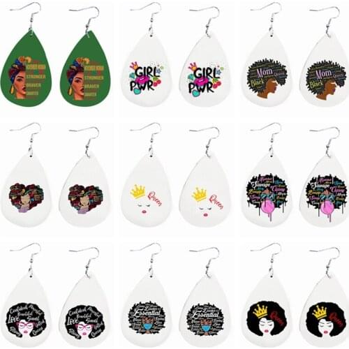 Wholesale Popular African American Woman Queen Black Girl Earrings Faux Leather Teardrop Earrings