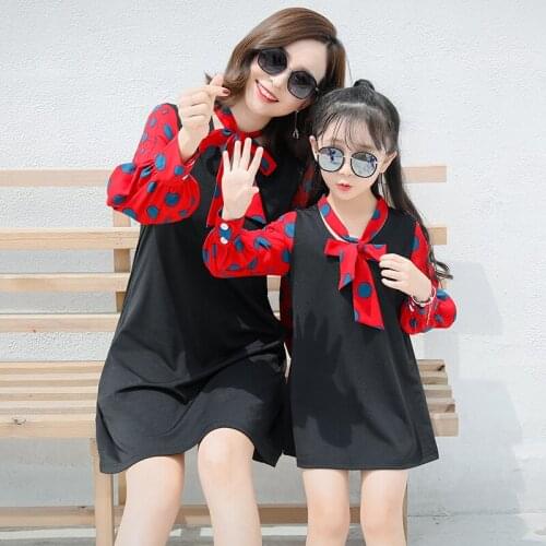 Mother and Daughter Dress Family Matching Clothes 2018 New Bow Tie Printed Princess Dress Kids Dresses for Girls Family Clothing