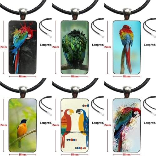 For Girls Gift Garden Style Flower And Bird Parrot Glass Cabochon Choker Pendant Rectangle Necklace Steel Color Jewelry