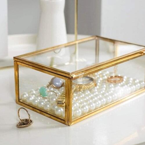 Vintage Style Brass Metal Clear Glass Jewelry Storage Box Wedding Party Birthday Gift Container Home Jewelry Rectangle Box Case