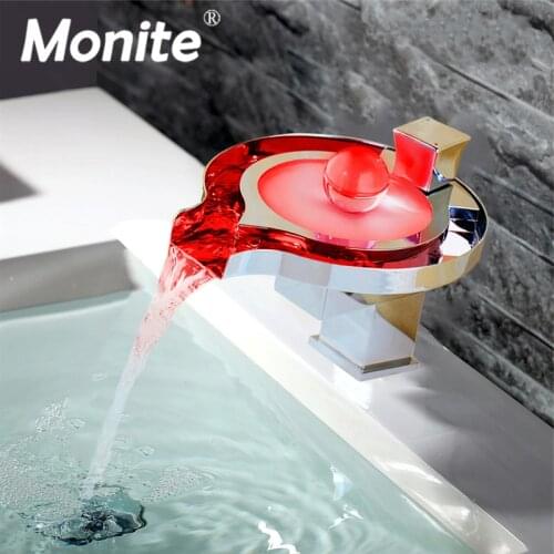 Monite Led Bathroom Faucet Brass Chrome Waterfall Bathroom Basin Faucets 3 Color Change Tap Water Power Basin Led Mixer Faucet
