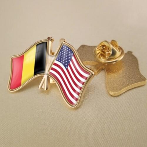 Belgium and United States of America Crossed Double Friendship Flags Lapel Pins Brooch Badges