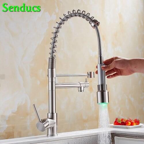 Senducs LED Pull Out Kitchen Faucet Quality Brass Kitchen Sink Faucet Hot Cold Brushed Kitchen Mixer Tap Pull Donw Water Faucet