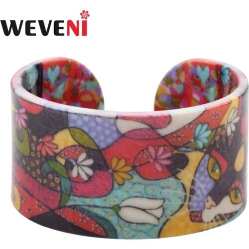 WEVENI Fab Design Love Wide Cat kitten Shine Print Bracelets Bangles Acrylic Jewelry For Women New Fashion Animal Accessories