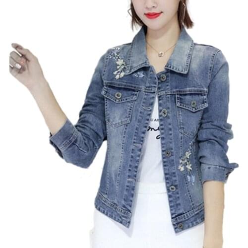 Spring Women Basic Coats Sweet Flower Embroidery Jean Coats Loose Long Sleeve Casual Women Denim Jacket Plus Size 5XL