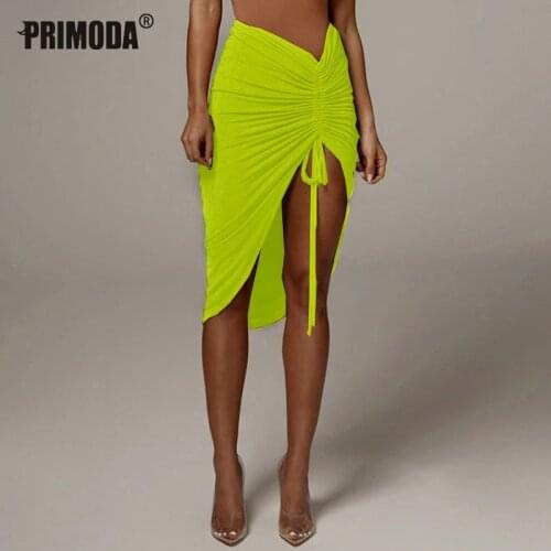 High Waist Lace Up Mini Skirts Womens Ruched Drawstring Hip Sexy Tight Slit Skirt Club Wrinkled Irregular Orange Pary PR1860G