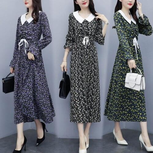 Plus Size Womens Clothing 2020 Spring and Autumn Floral Dress Mid-length Loose Korean Dress Long Sleeve Party Vestidos KN016