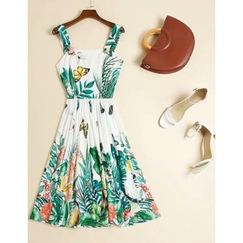 Womens European and American wear 2021 summer new style Butterfly plant printing Condole belt fashion Pleated dress